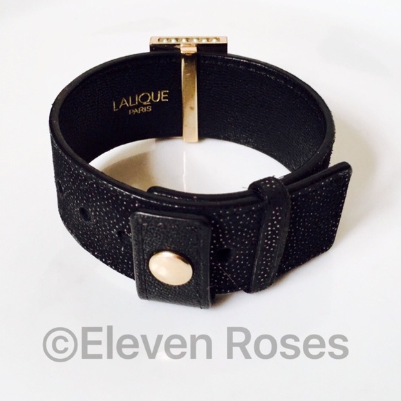 Lalique Frosted Glass Slide Black Leather Bracelet - Picture 2 of 8